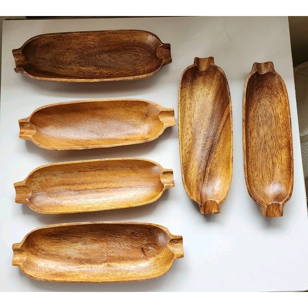 Set Of 6 Vintage Wooden Corn On The Cob Holders Plates Dishes
